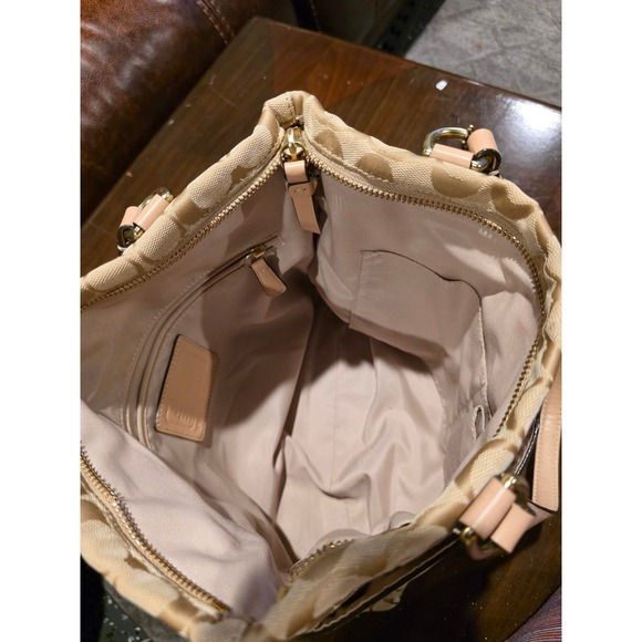 Coach Signature Stripe Tote Bag Khaki Tan Teal Glitter Canvas F28504 clean - Picture 6 of 7